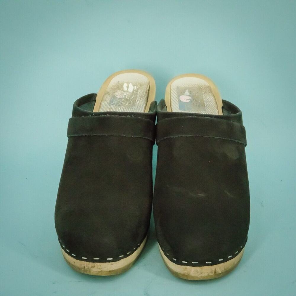 Maguba 39 Size 9 Berkely Black Nubuck Leather Wood Sole Scandinavian Clogs Shoes - Picture 2 of 7